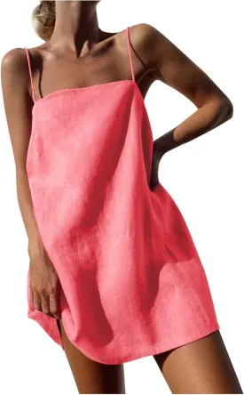 for Ladies Fall Summer Sleeveless Spaghetti Strap Off Shoulder Linen Mini Short Loose Fit Basic Dresses Women 2025