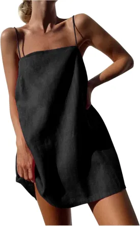 for Ladies Fall Summer Sleeveless Spaghetti Strap Off Shoulder Linen Mini Short Loose Fit Basic Dresses Women 2025