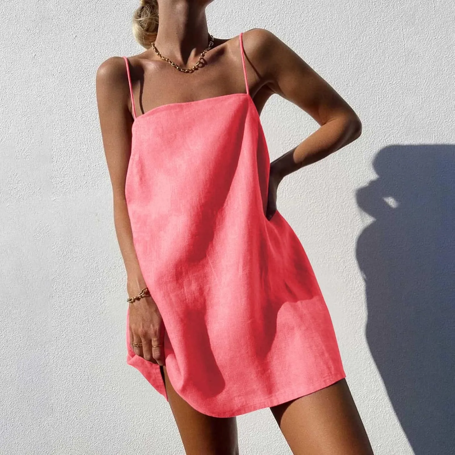 for Ladies Fall Summer Sleeveless Spaghetti Strap Off Shoulder Linen Mini Short Loose Fit Basic Dresses Women 2025
