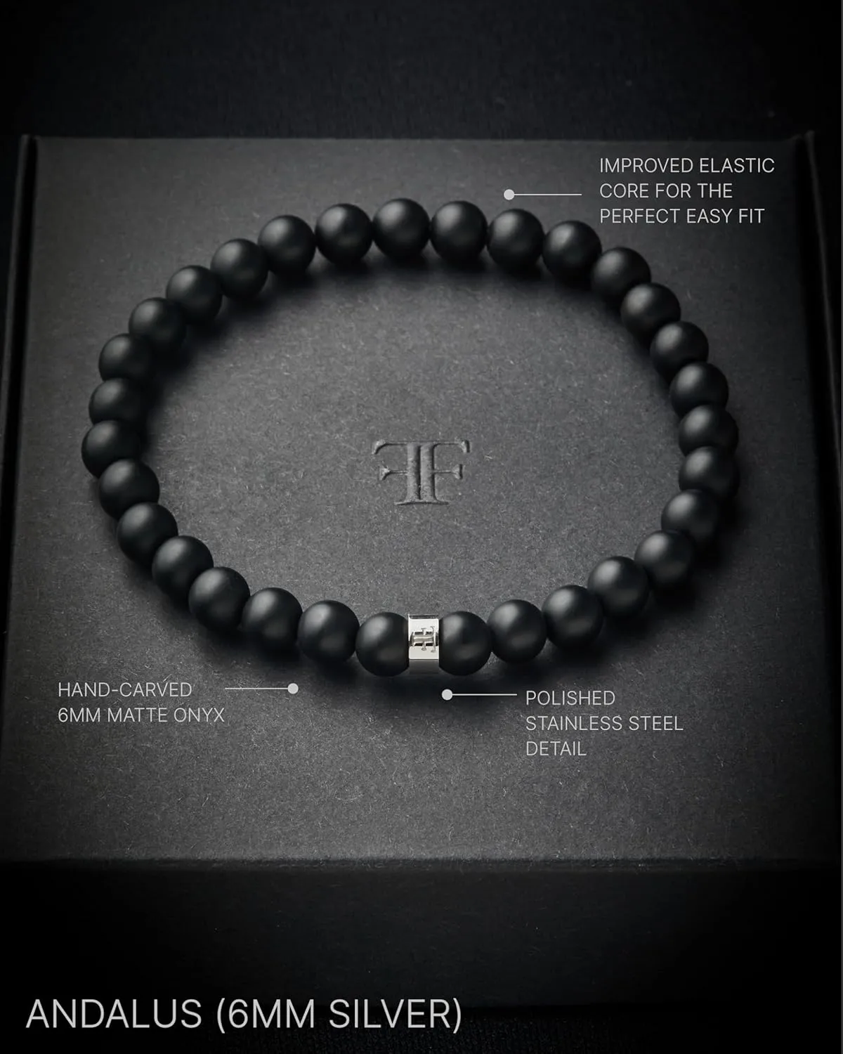 Forge & Foundry Mens Matte Black Solid Onyx Beaded Bracelet | Polished 18K Gold-Plated, Polished Stainless Steel or Polished Black Signature Bead Options | Andalus