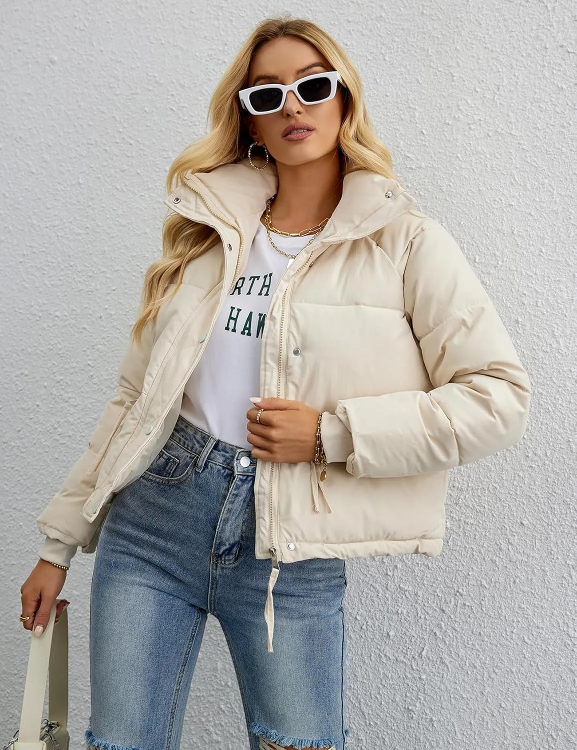 Gihuo Women's Cropped Puffer Jacket Stand Collar Padded Coat Packable Winter Zip Up Quilted Jackets