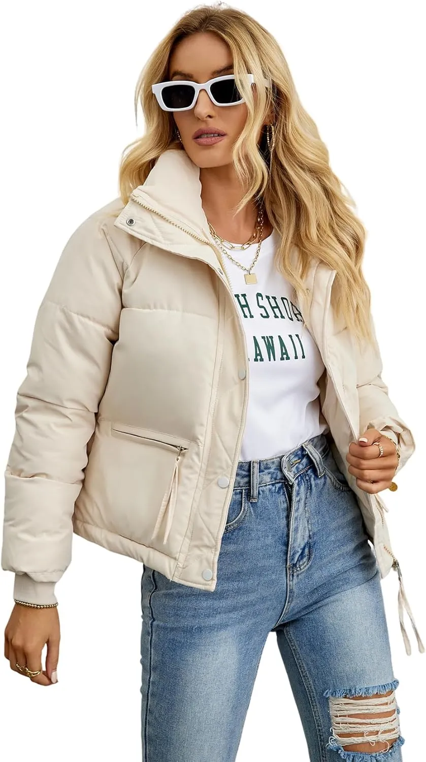 Gihuo Women's Cropped Puffer Jacket Stand Collar Padded Coat Packable Winter Zip Up Quilted Jackets