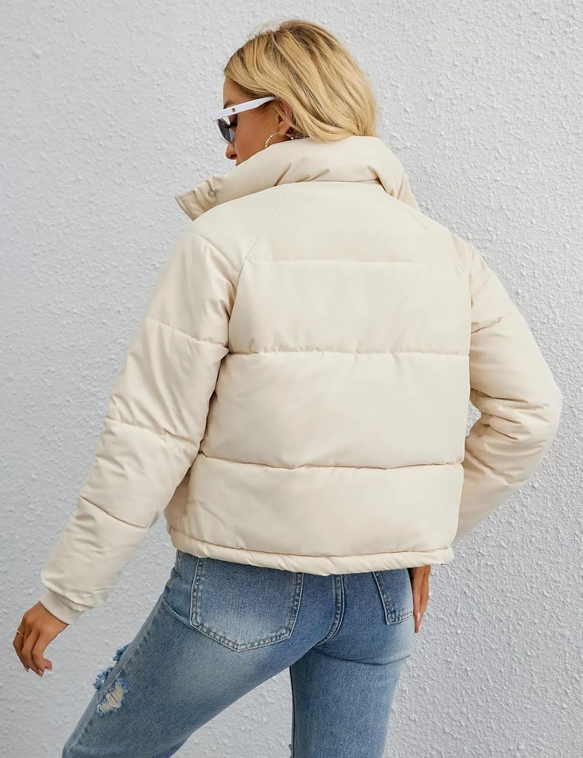 Gihuo Women's Cropped Puffer Jacket Stand Collar Padded Coat Packable Winter Zip Up Quilted Jackets