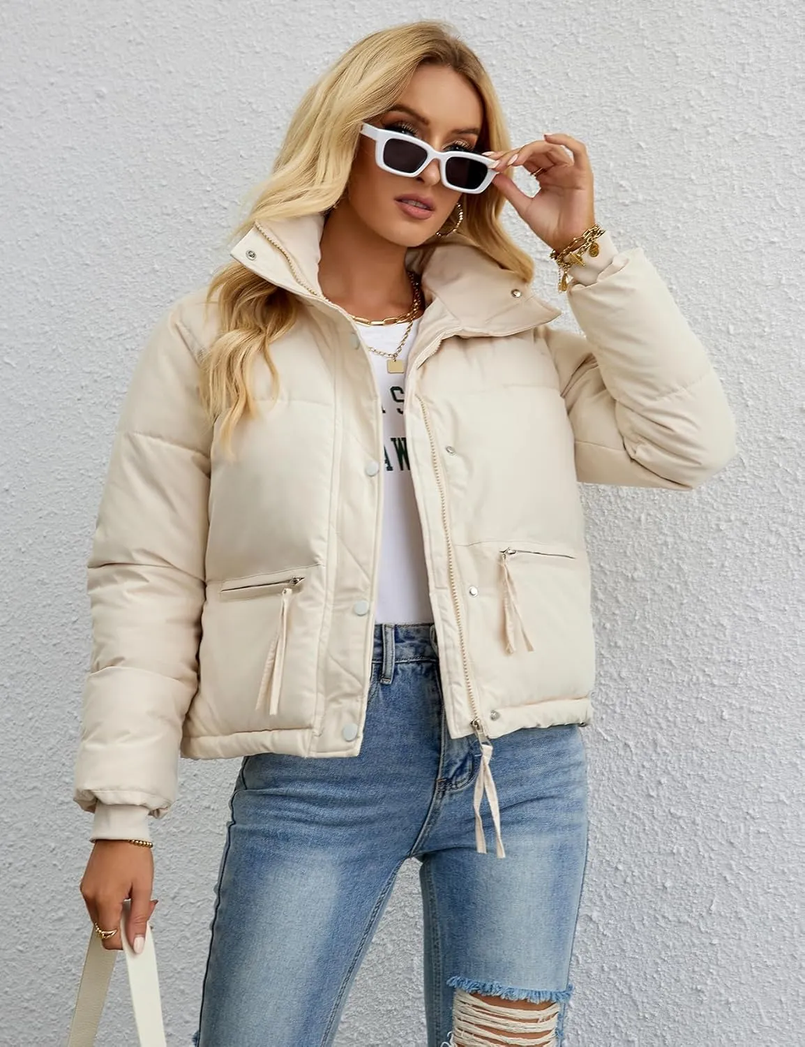 Gihuo Women's Cropped Puffer Jacket Stand Collar Padded Coat Packable Winter Zip Up Quilted Jackets