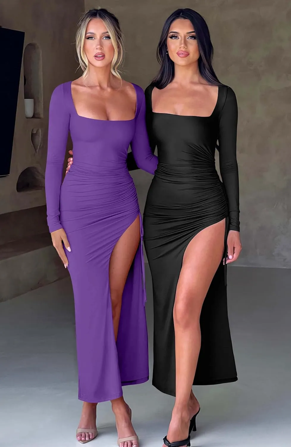 GOKATOSAU Women's Square Neck Long Sleeve Split Drawstring Bodycon Ruched Long Maxi Dress