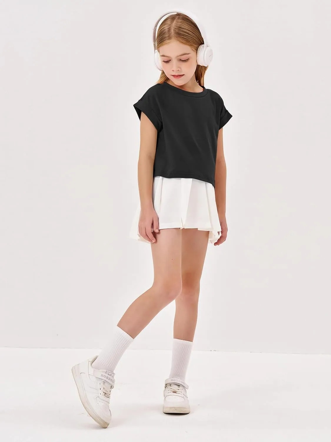 Haloumoning Girls Short Sleeve T-Shirts Crop Top Rolled Sleeve Round Neck Solid Loose Basic Tees for Summer