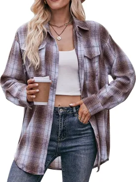 HangNiFang Oversized Plaid Flannel Shirts for Women Long Sleeve Button Down Buffalo Plaid Shirts Blouse