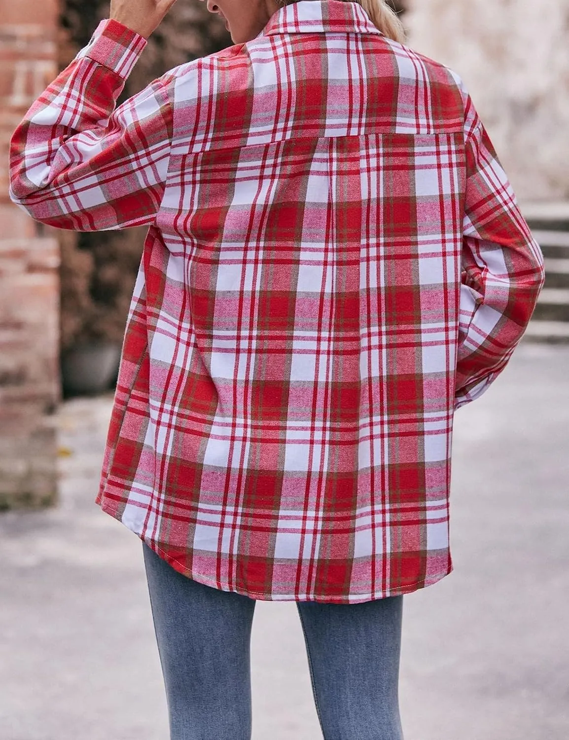 HangNiFang Oversized Plaid Flannel Shirts for Women Long Sleeve Button Down Buffalo Plaid Shirts Blouse