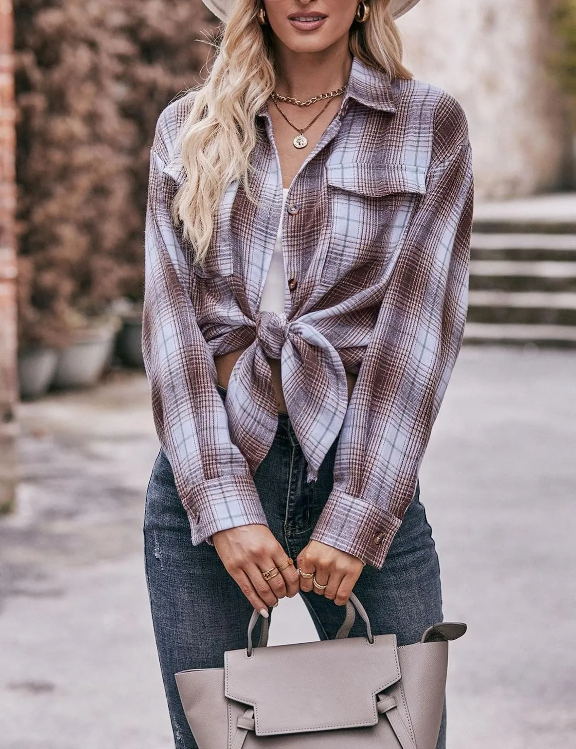 HangNiFang Oversized Plaid Flannel Shirts for Women Long Sleeve Button Down Buffalo Plaid Shirts Blouse