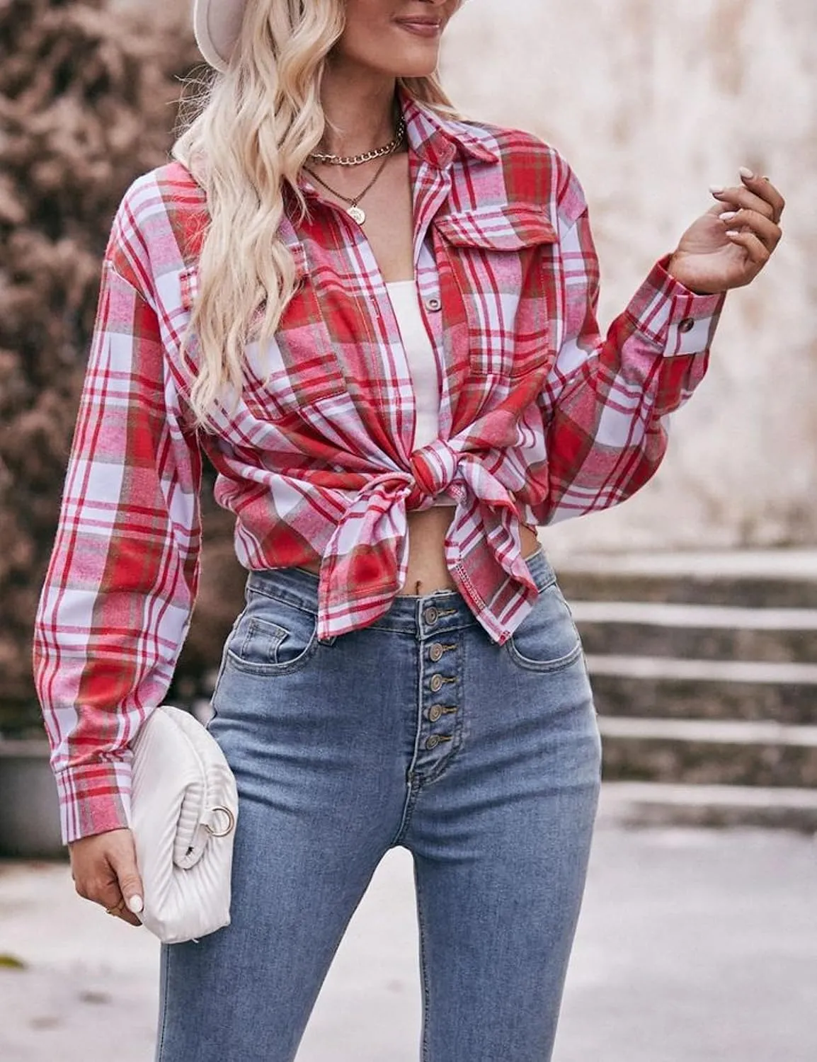 HangNiFang Oversized Plaid Flannel Shirts for Women Long Sleeve Button Down Buffalo Plaid Shirts Blouse
