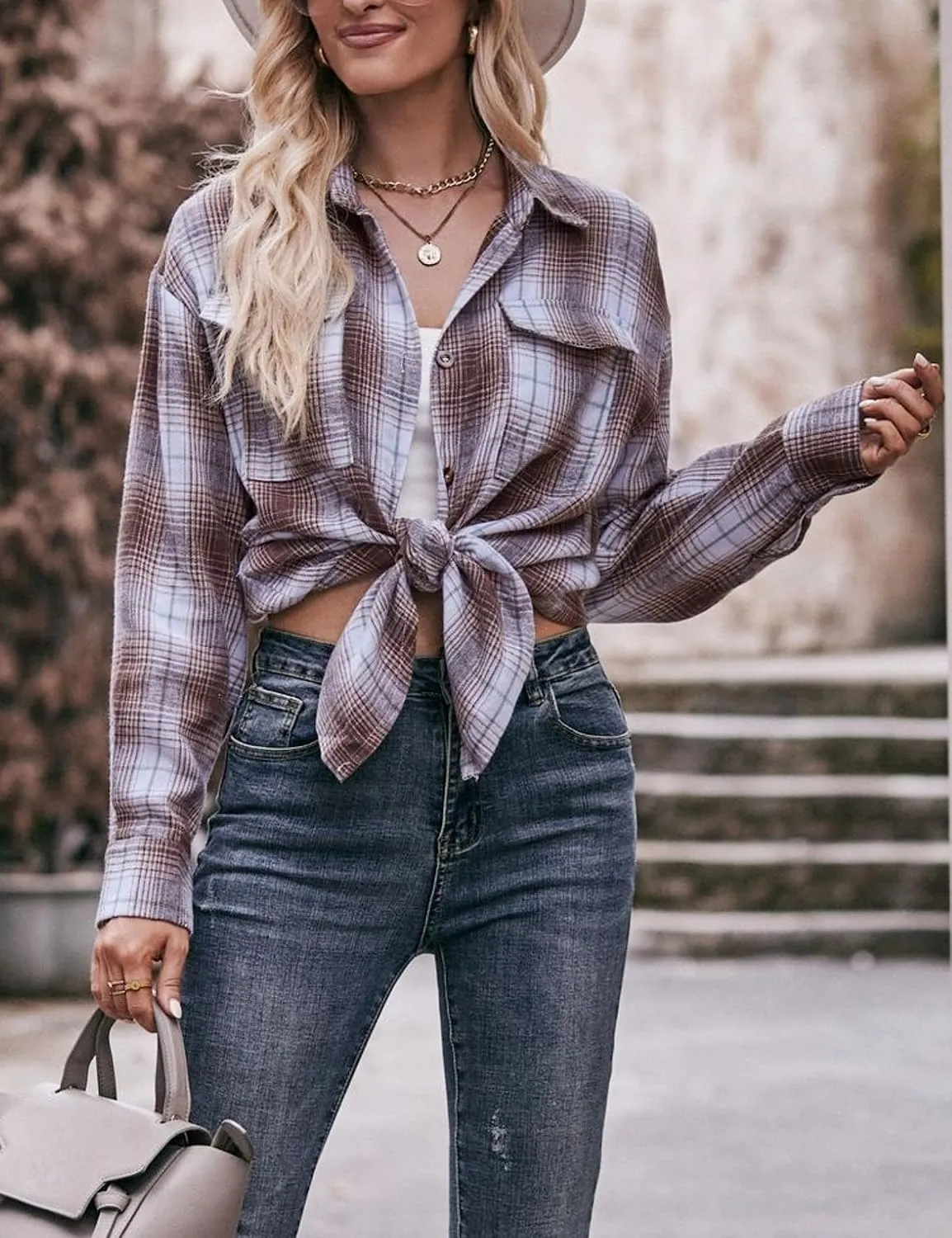 HangNiFang Oversized Plaid Flannel Shirts for Women Long Sleeve Button Down Buffalo Plaid Shirts Blouse