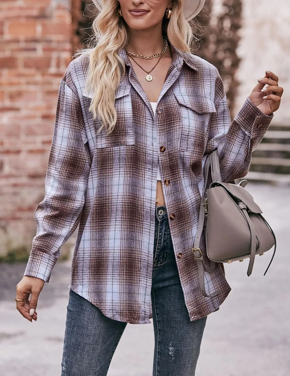 HangNiFang Oversized Plaid Flannel Shirts for Women Long Sleeve Button Down Buffalo Plaid Shirts Blouse