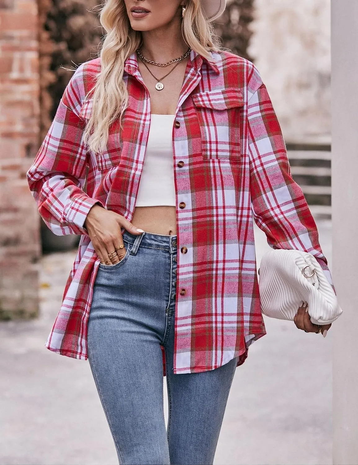 HangNiFang Oversized Plaid Flannel Shirts for Women Long Sleeve Button Down Buffalo Plaid Shirts Blouse
