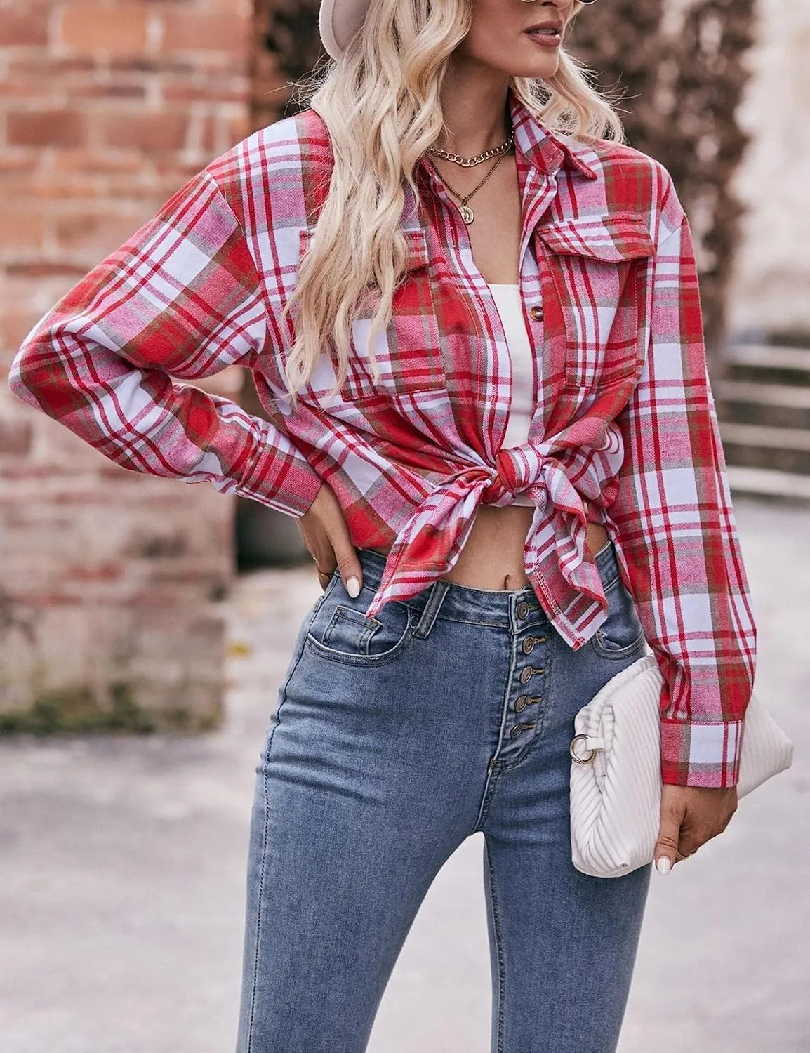 HangNiFang Oversized Plaid Flannel Shirts for Women Long Sleeve Button Down Buffalo Plaid Shirts Blouse