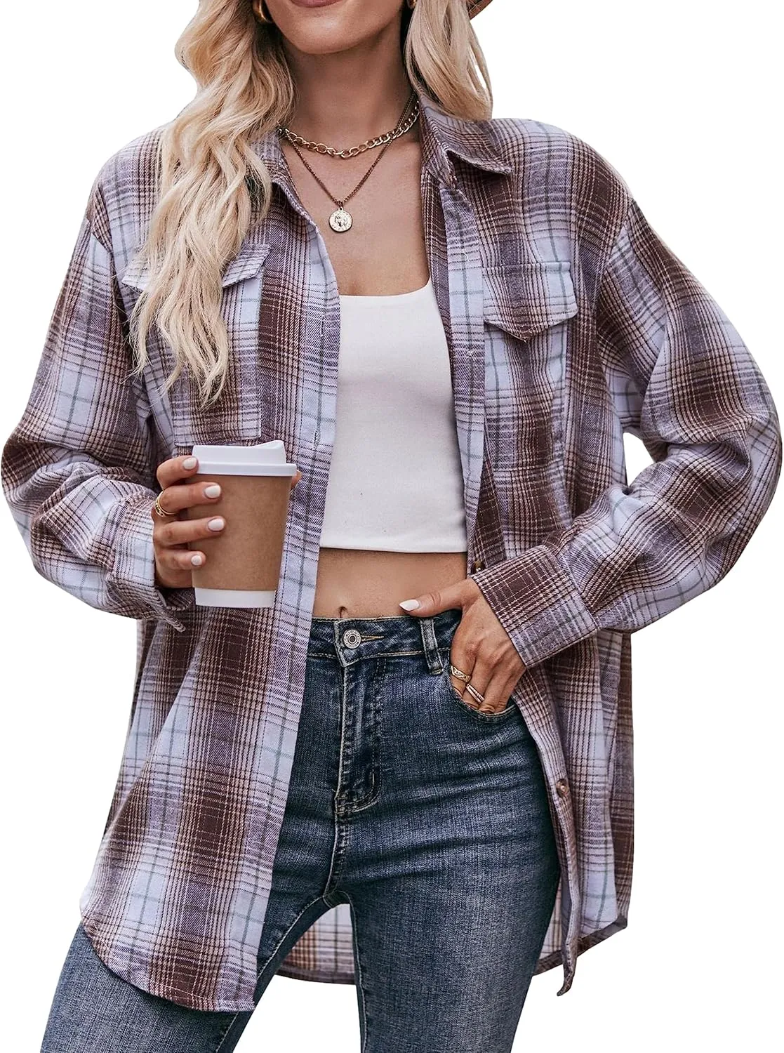 HangNiFang Oversized Plaid Flannel Shirts for Women Long Sleeve Button Down Buffalo Plaid Shirts Blouse