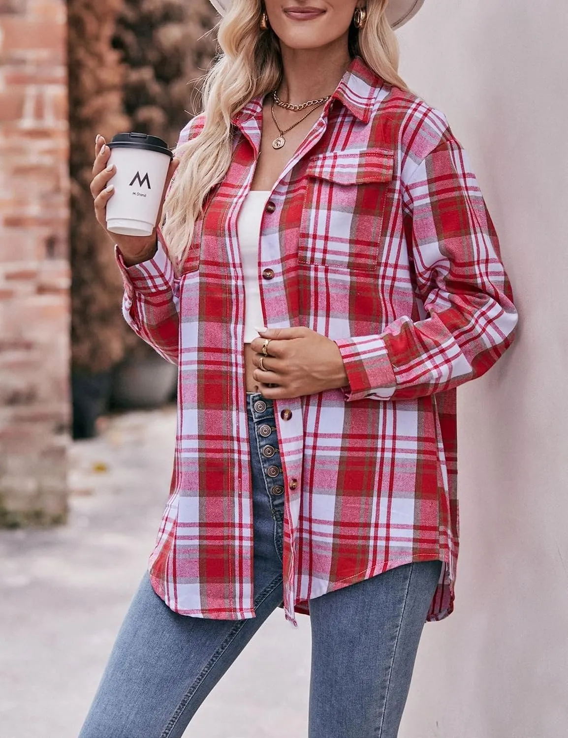 HangNiFang Oversized Plaid Flannel Shirts for Women Long Sleeve Button Down Buffalo Plaid Shirts Blouse