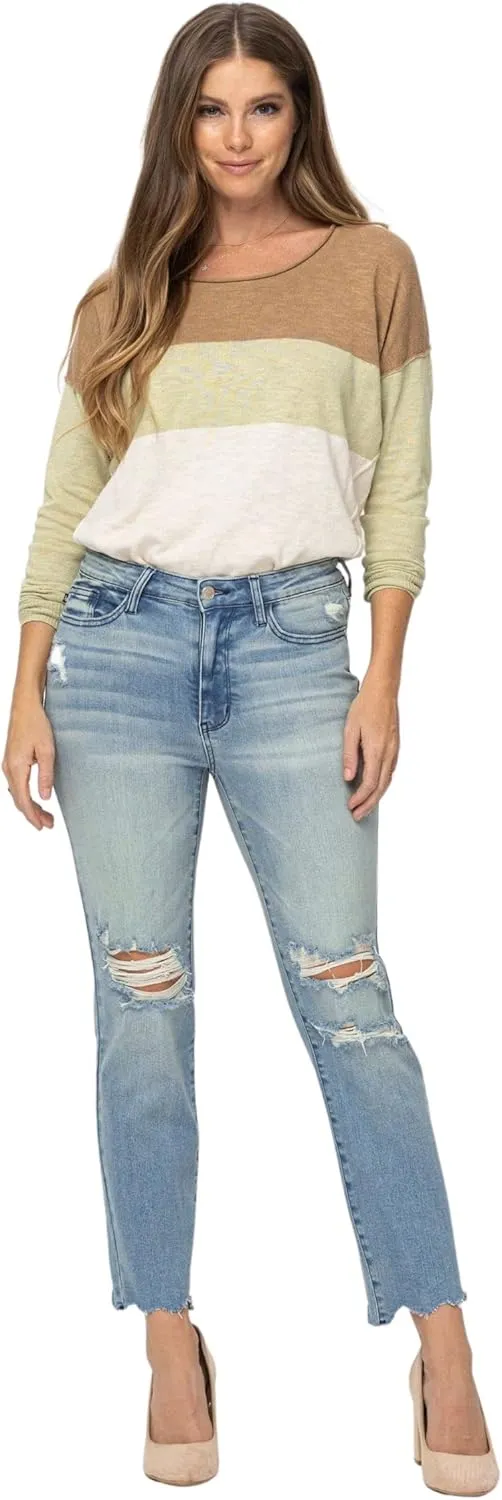 Judy Blue Women's Mid-Rise Destroyed Tinted Wash Cropped Straight-Leg Jeans 88512