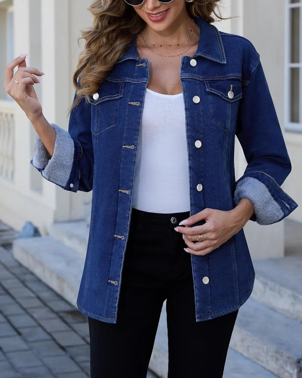 KDF Jean Jacket Women Fleece Lined Denim Oversized Blue Sherpa Jacket
