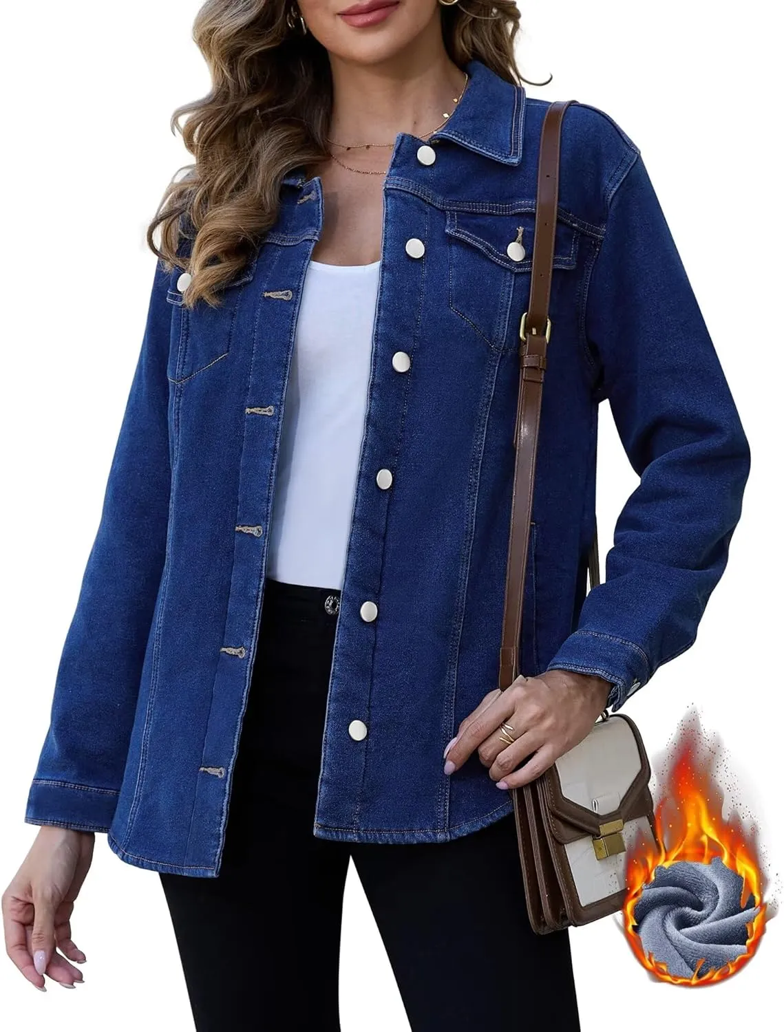 KDF Jean Jacket Women Fleece Lined Denim Oversized Blue Sherpa Jacket