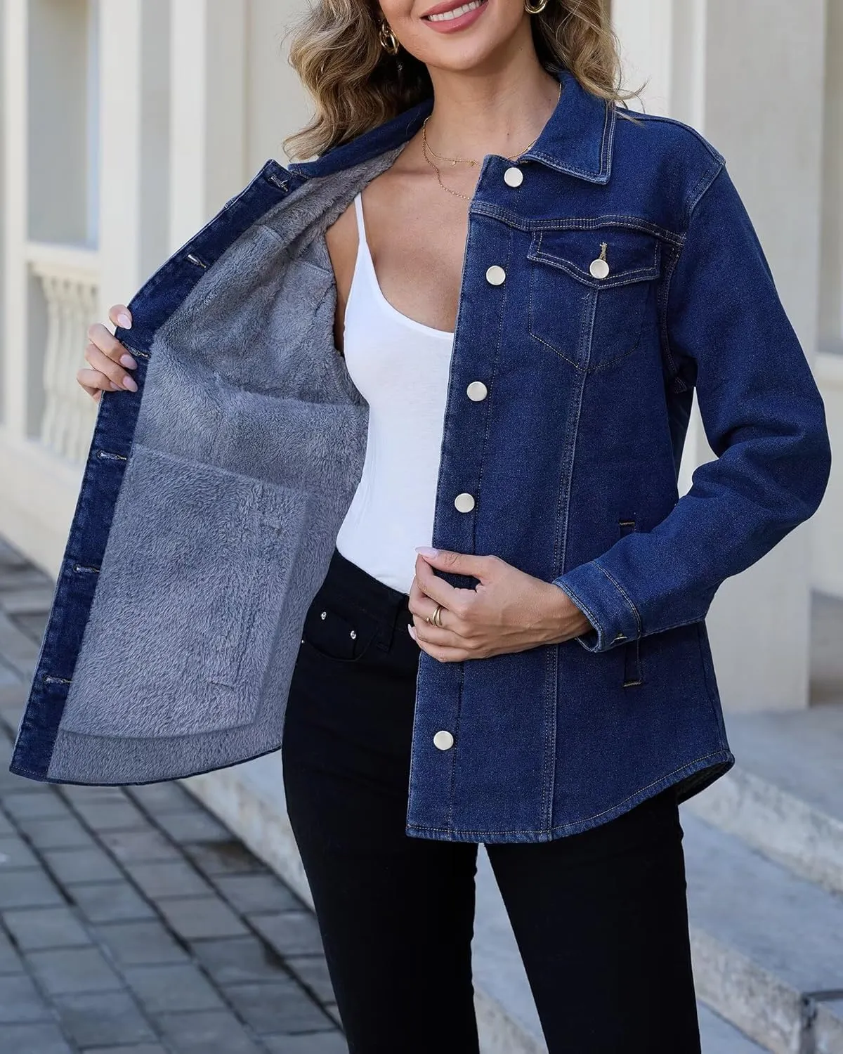 KDF Jean Jacket Women Fleece Lined Denim Oversized Blue Sherpa Jacket