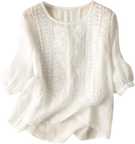 Ladies Fashion Leisure Spring Summer Literary Retro Loose Design Sense Embroidery Round Neck Thin Mesh Shirt Long