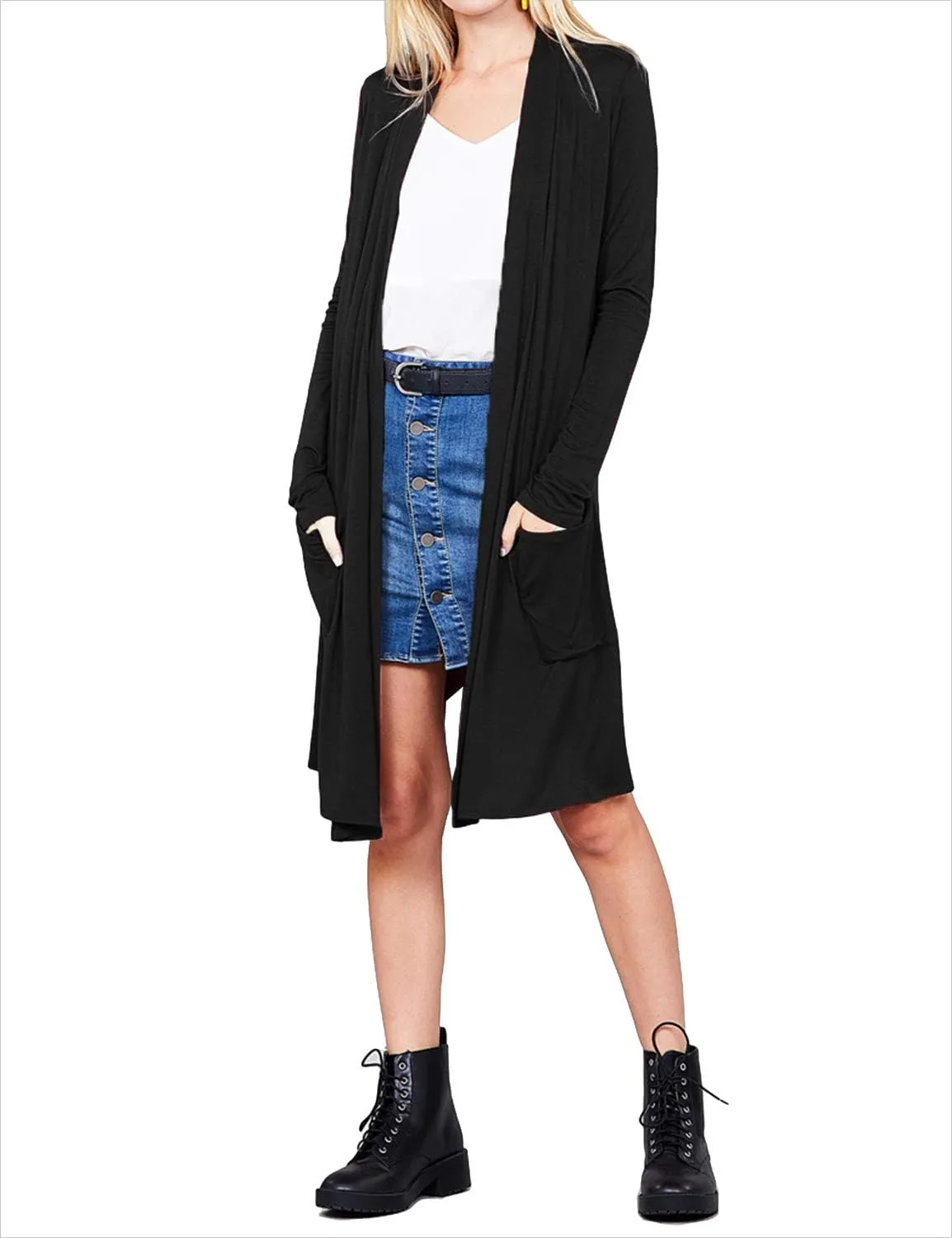 LALABEE Women's Long-Line Long Sleeve Open Front Cardigan with Pockets (S-3XL)