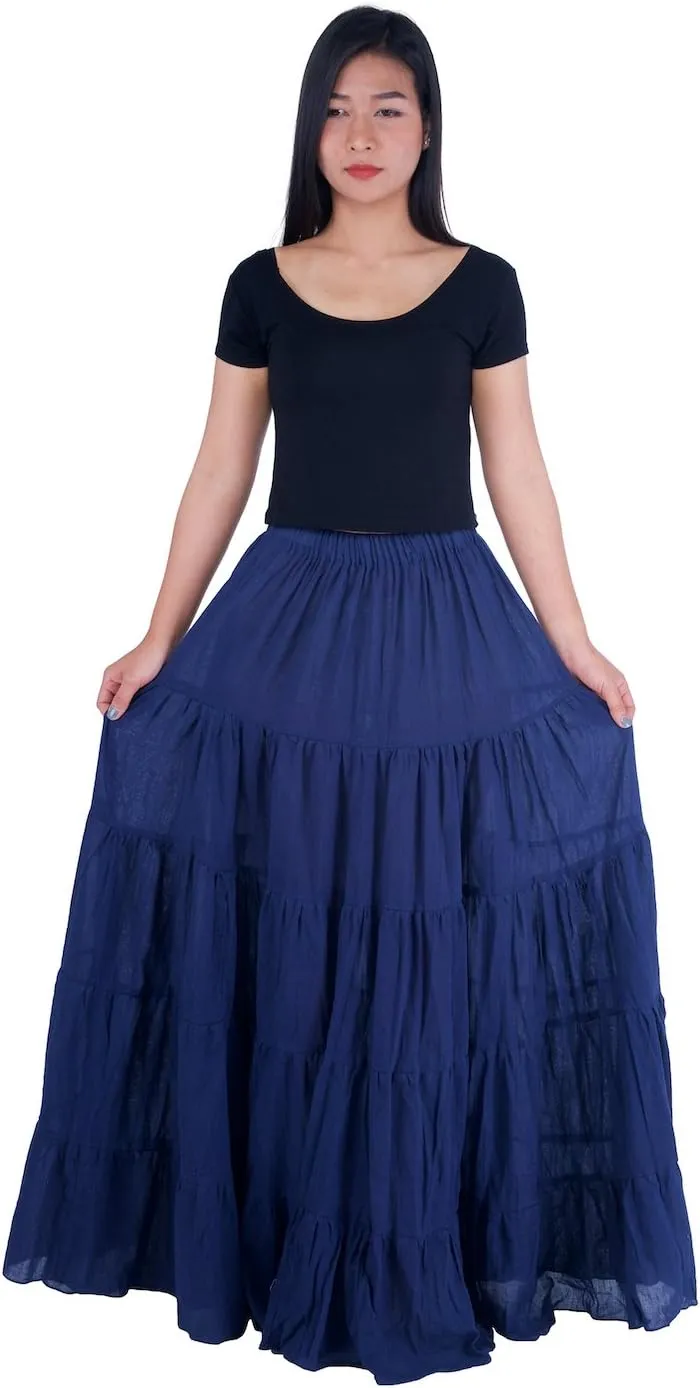 Lannaclothesdesign Women's Cotton Long Ruffle Full Circle Long Skirts Maxi Skirt