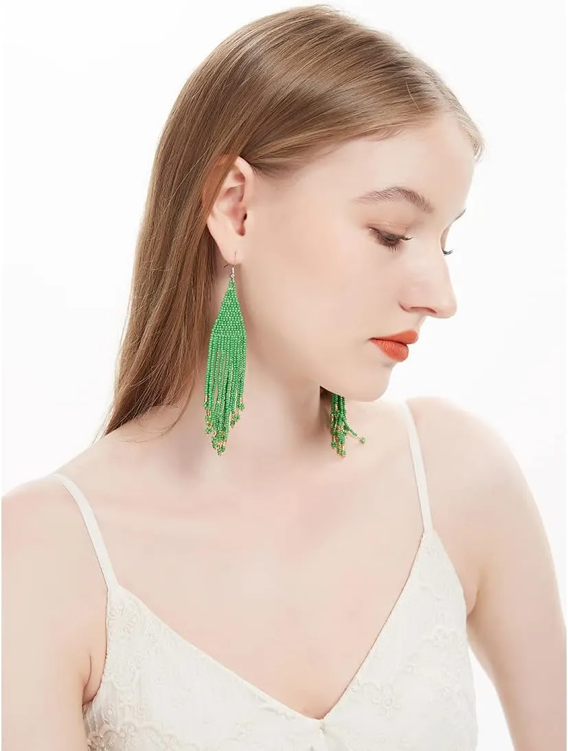 Long Native Beaded Earrings, Big Boho Seed Bead Fringe Dangle Earrings for Women, Large Bohemian Handmade Beaded Tassel Chandelier Drop Earrings