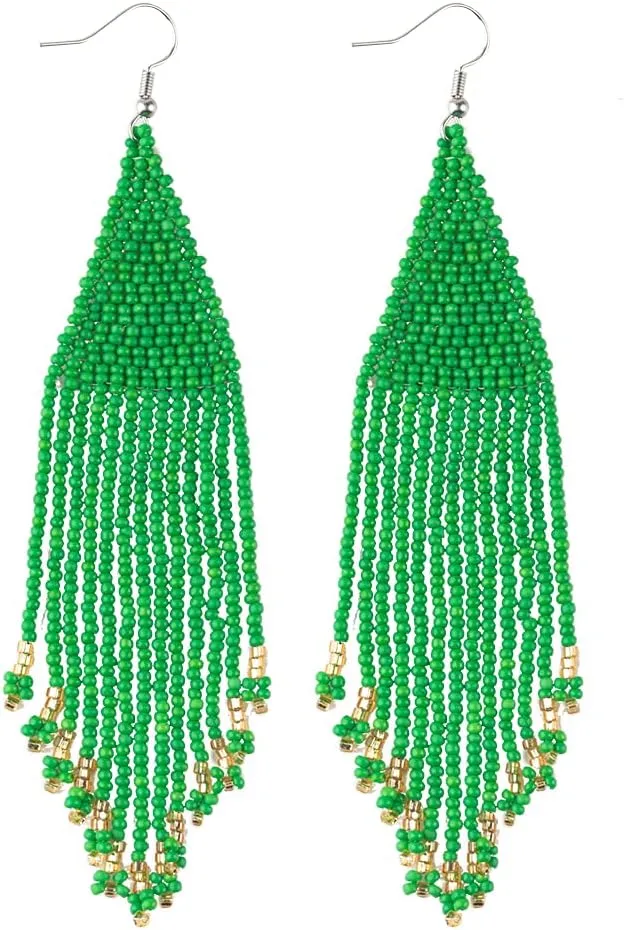Long Native Beaded Earrings, Big Boho Seed Bead Fringe Dangle Earrings for Women, Large Bohemian Handmade Beaded Tassel Chandelier Drop Earrings