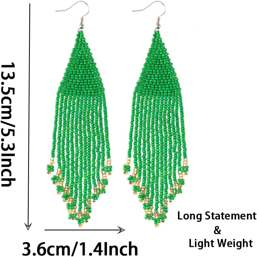 Long Native Beaded Earrings, Big Boho Seed Bead Fringe Dangle Earrings for Women, Large Bohemian Handmade Beaded Tassel Chandelier Drop Earrings