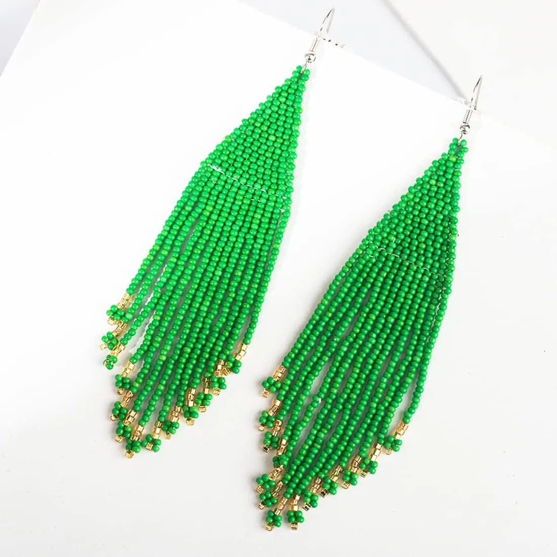 Long Native Beaded Earrings, Big Boho Seed Bead Fringe Dangle Earrings for Women, Large Bohemian Handmade Beaded Tassel Chandelier Drop Earrings