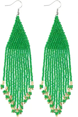 Long Native Beaded Earrings, Big Boho Seed Bead Fringe Dangle Earrings for Women, Large Bohemian Handmade Beaded Tassel Chandelier Drop Earrings