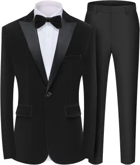 MAGE MALE Men's 2 Piece Velvet Suit Peak Lapel One Button Slim Fit Tuxedo Blazer Party Dinner Jacket & Pants