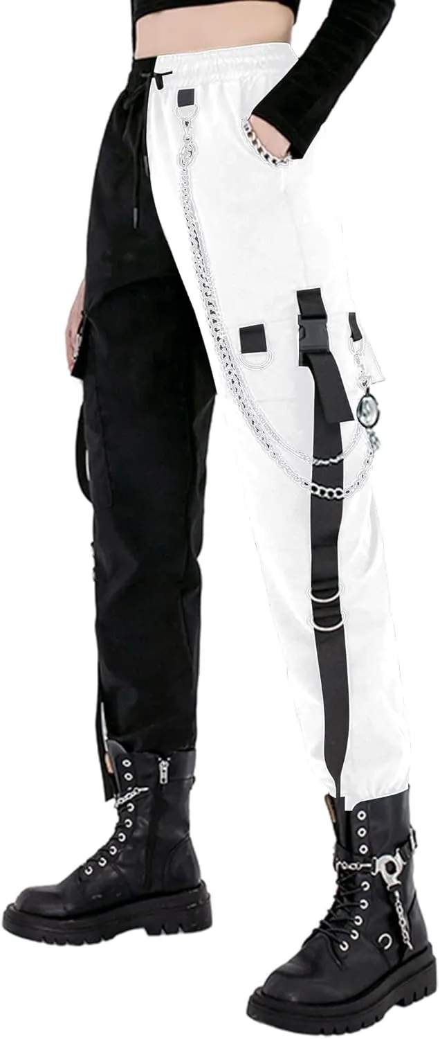 MEINVQIAOTI Black Cargo Pants for Women Techwear Women Loose Street Rock Style Casual Black Pants with Chain Goth Pants