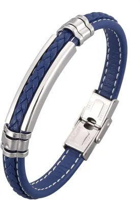 Mens Black Leather Bracelet Silver Stainless Steel Adjustable Buckle Bracelets Pulseras para Hombre