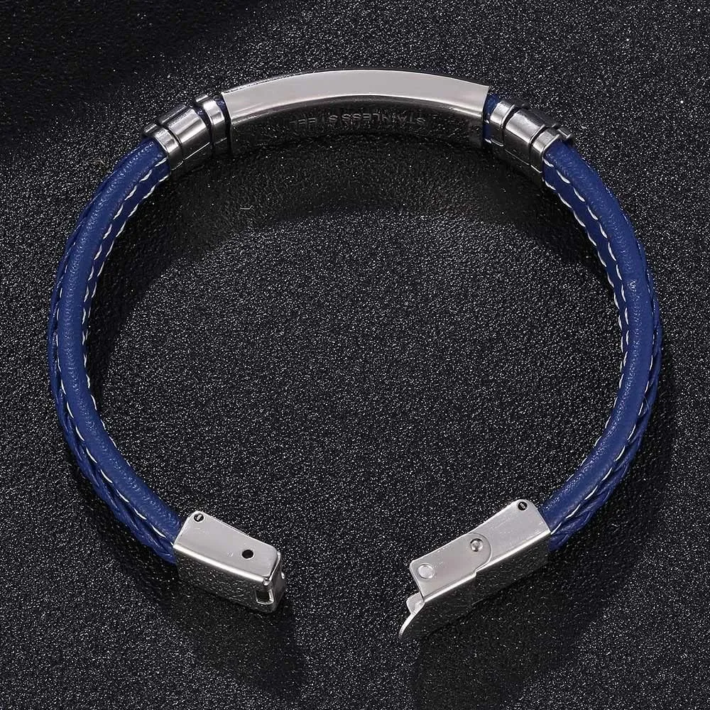 Mens Black Leather Bracelet Silver Stainless Steel Adjustable Buckle Bracelets Pulseras para Hombre