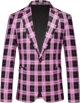 Mens Blazer Plaid Sport Coats One Button Casual Slim Fit Checked Jacket