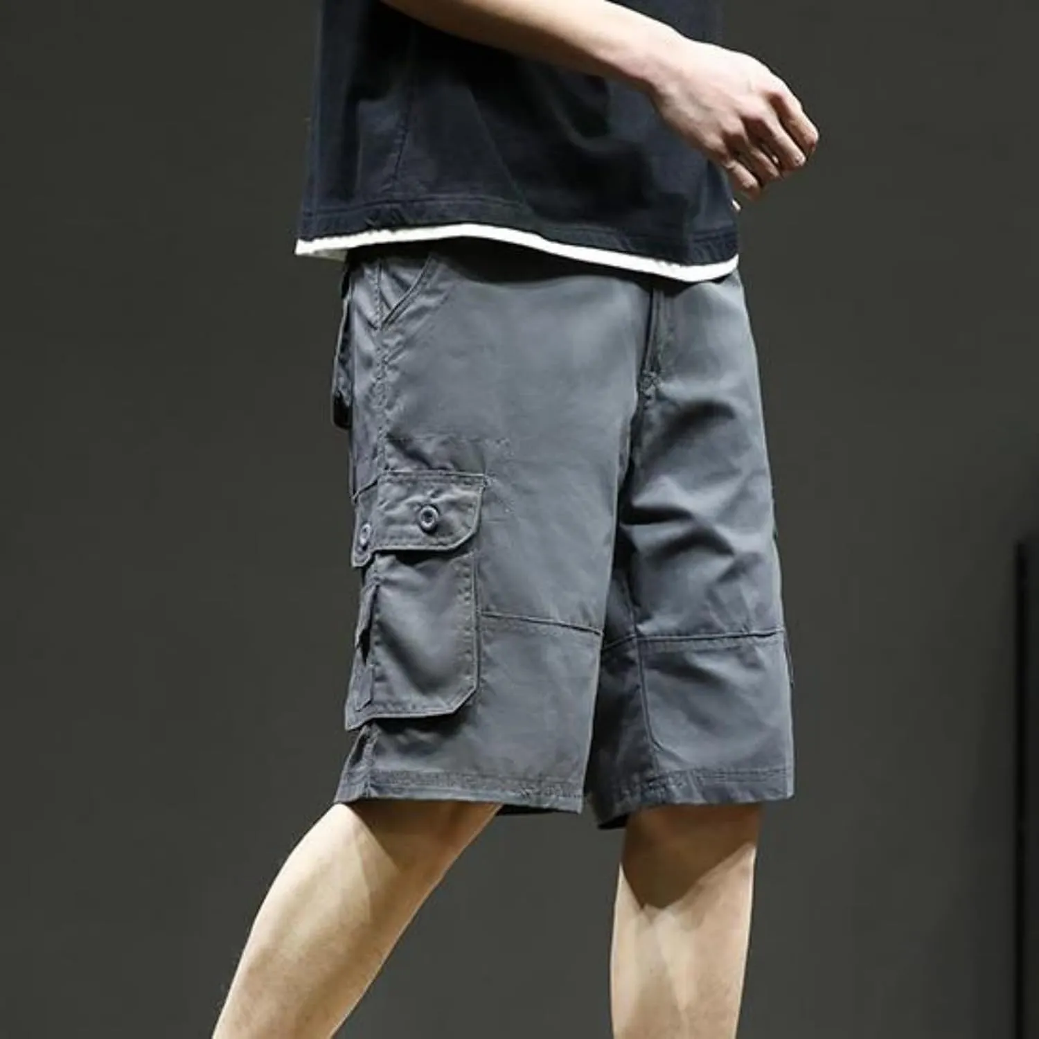 Mens Classic Cargo Shorts Casual Button Elastic Waist Workout Shorts Stretch Baggy Straight Leg Athletic Half Pants