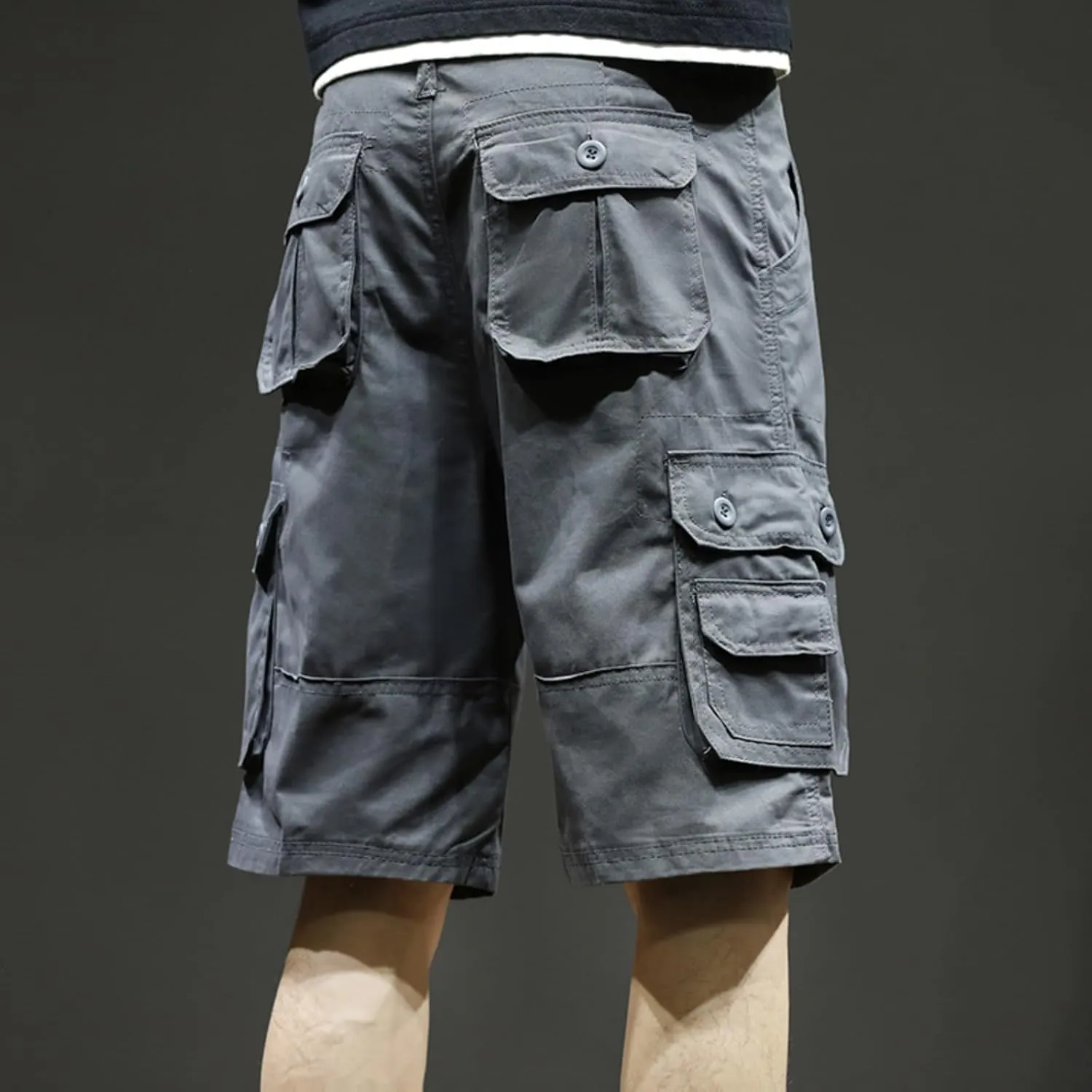 Mens Classic Cargo Shorts Casual Button Elastic Waist Workout Shorts Stretch Baggy Straight Leg Athletic Half Pants