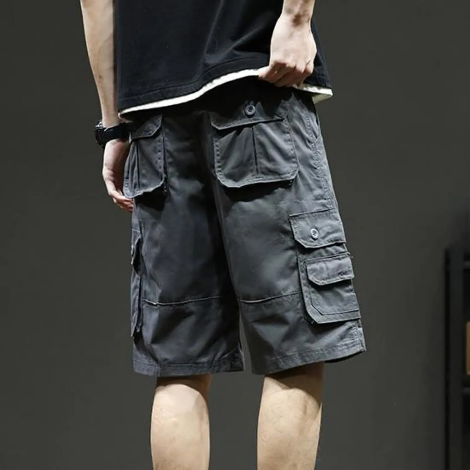 Mens Classic Cargo Shorts Casual Button Elastic Waist Workout Shorts Stretch Baggy Straight Leg Athletic Half Pants