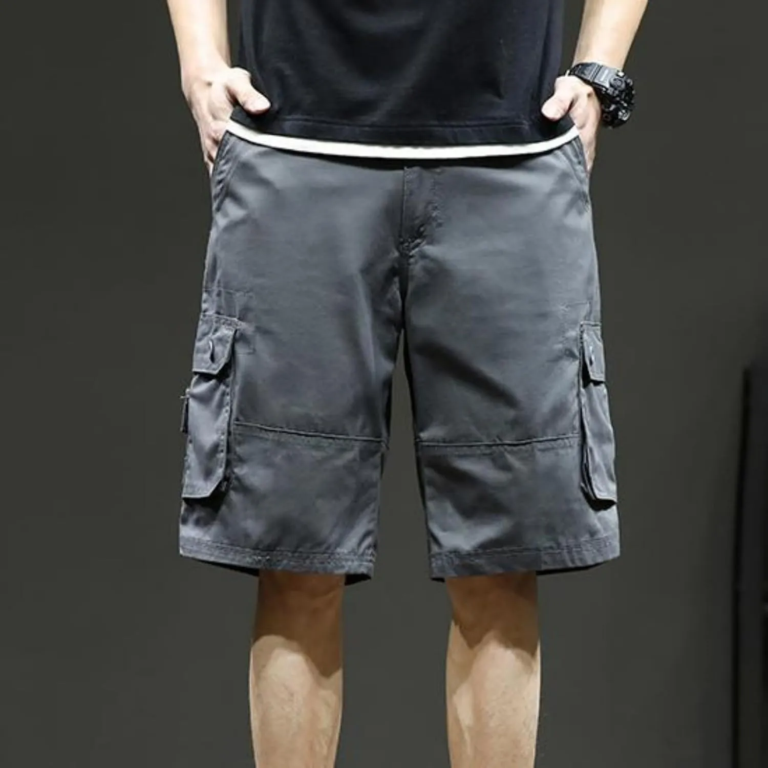 Mens Classic Cargo Shorts Casual Button Elastic Waist Workout Shorts Stretch Baggy Straight Leg Athletic Half Pants