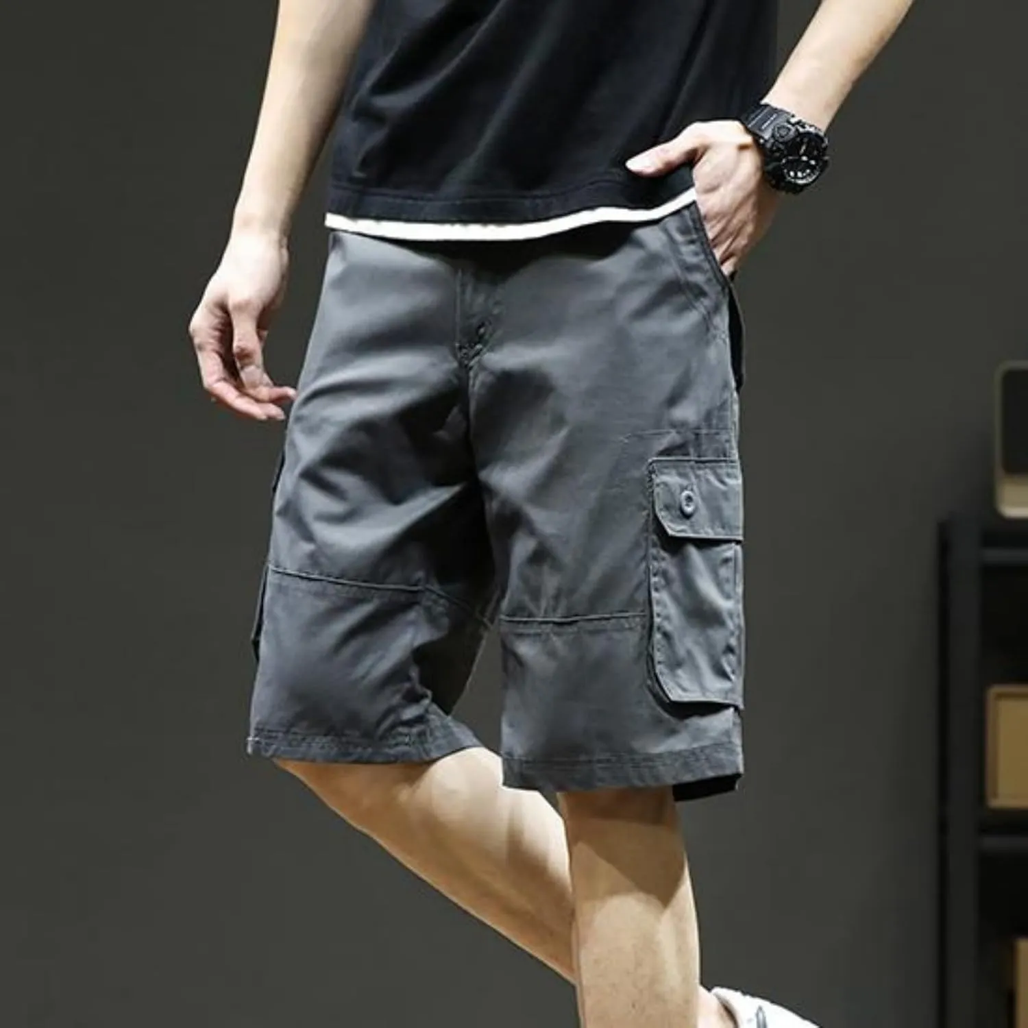 Mens Classic Cargo Shorts Casual Button Elastic Waist Workout Shorts Stretch Baggy Straight Leg Athletic Half Pants