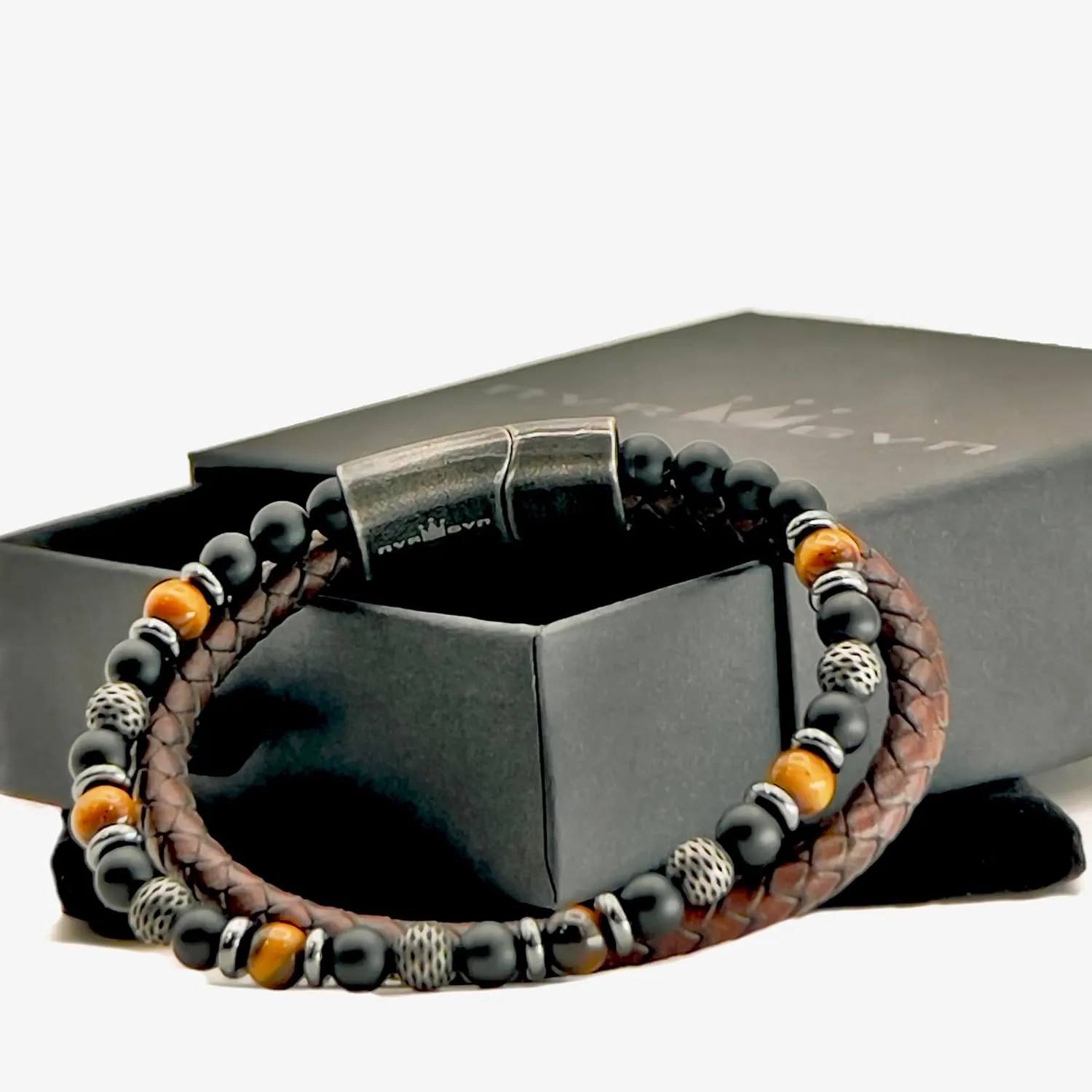 Mens Leather Bracelet Stack with Textured Stainless Steel Beads, Hematite, Black Onyx, and Genuine Braided Leather | Durable Wristband for Mens Bohemian Street Style in Black or Brown