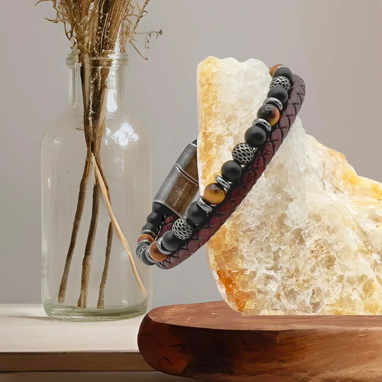 Mens Leather Bracelet Stack with Textured Stainless Steel Beads, Hematite, Black Onyx, and Genuine Braided Leather | Durable Wristband for Mens Bohemian Street Style in Black or Brown