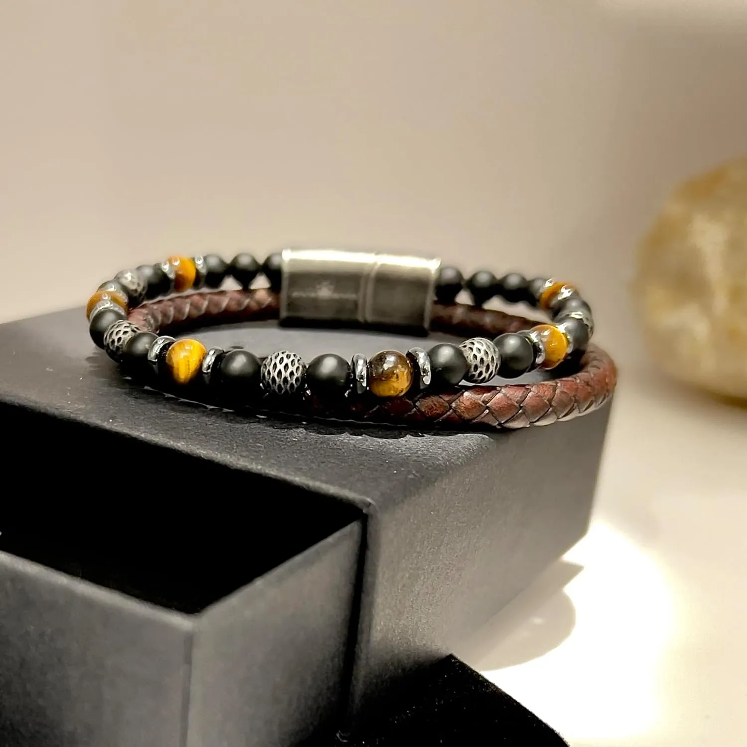 Mens Leather Bracelet Stack with Textured Stainless Steel Beads, Hematite, Black Onyx, and Genuine Braided Leather | Durable Wristband for Mens Bohemian Street Style in Black or Brown