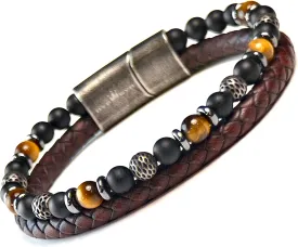 Mens Leather Bracelet Stack with Textured Stainless Steel Beads, Hematite, Black Onyx, and Genuine Braided Leather | Durable Wristband for Mens Bohemian Street Style in Black or Brown