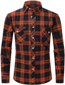 Men's Long-Sleeved Plaid Shirt Non-Ironing Business Checked Dress Shirts with Pocket