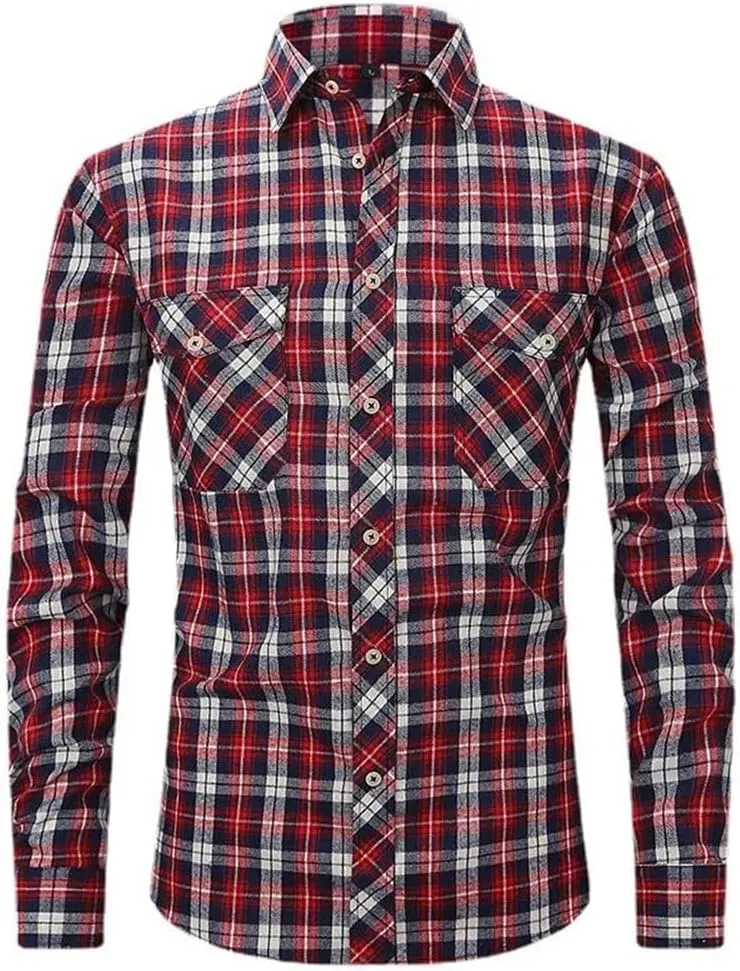 Men's Long-Sleeved Plaid Shirt Non-Ironing Business Checked Dress Shirts with Pocket