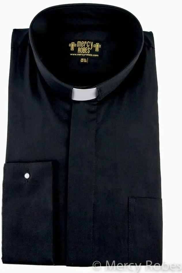 Mens Long Sleeves French Cuff Tab Clergy Shirt (Black)
