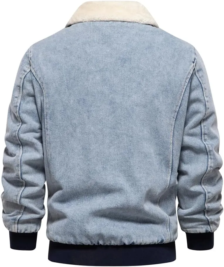 Men's Turn Down Collar Warm Fleece Thicken Denim Jacket Big Pockets Winter Jeans Coat